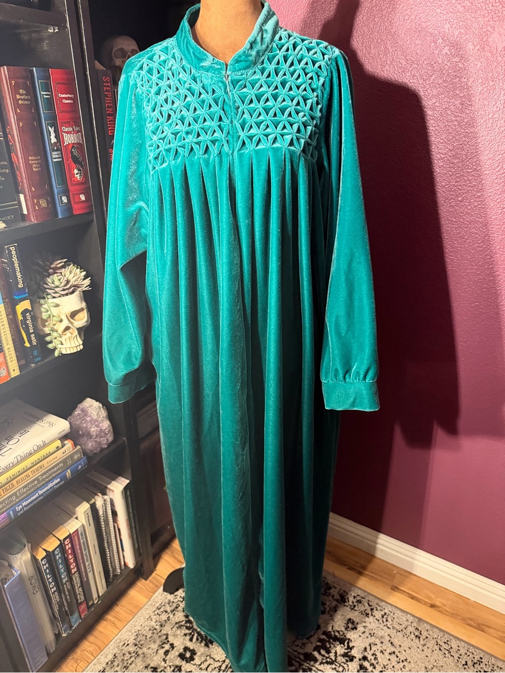 Women Within 90s Green Velvet Long Sleeve Housecoat/Robe with Smocked Yoke